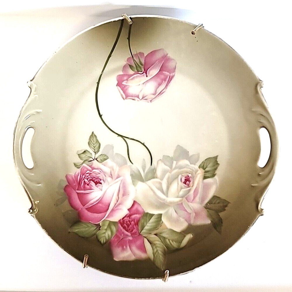 ZS & CO Bavaria Hand Painted Carpentier Pink Rose Flower Double Handle Plate VTG